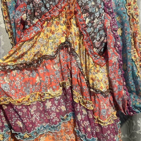 Roosevelt-Boho Blue and Orange Mini Dress with Bishop Sleeves - Picture 4 of 4